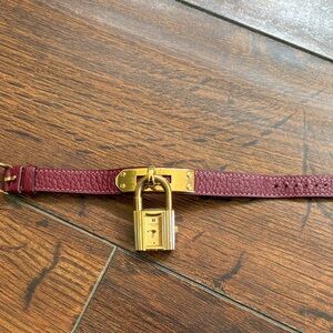 Hermes Burgundy Leather Kelly Padlock Bracelet Watch with Gold Hardware